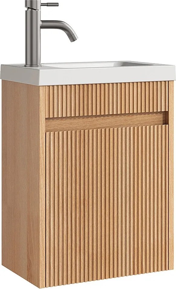 Wisząca szafka pod umywalkę z prążkowanego drewna jesionowego z umywalką do zabudowy i baterią - Jasny naturalny - 40 x 25,5 x 54 cm - DROVI