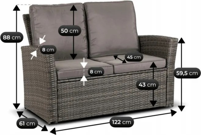 Zestaw Mebli Ogrodowych DELGADO Szary Sofa Fotele Pufy Stolik Technorattan Nowoczesny