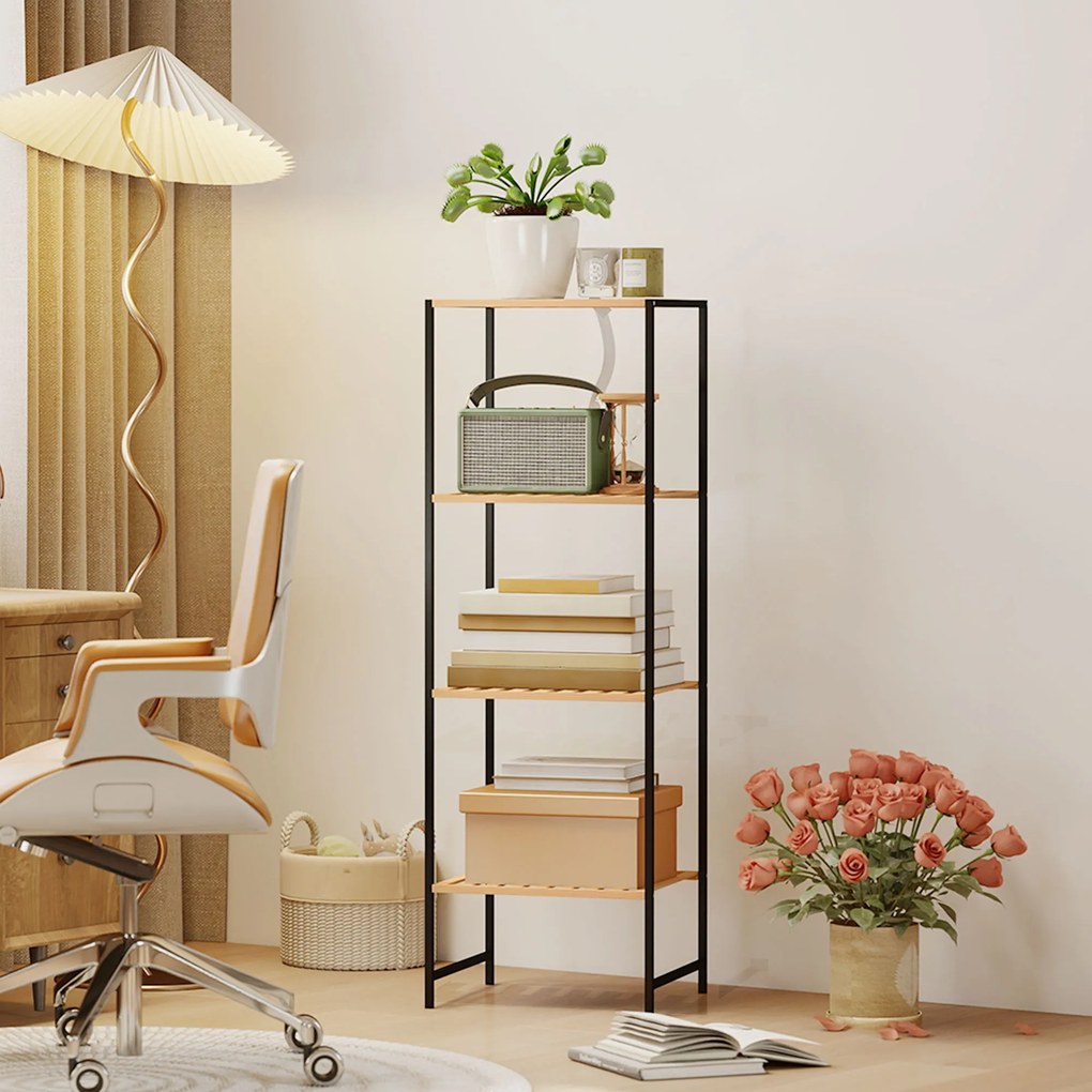 HOMCOM Regał stojący z bambusa i stali, 4 półki, 4-poziomowy regał na książki, 36,5 x 33 x 110 cm, naturalny | Aosom PL