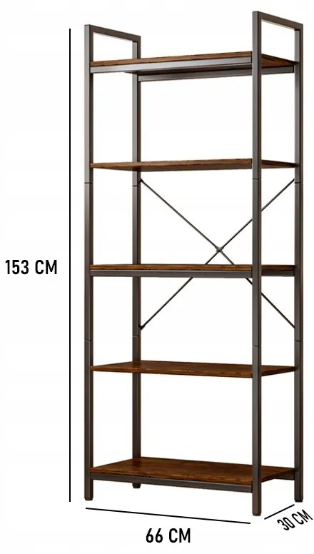 Biblioteka industrialna w stylu loftowym – 66 x 30 x 153 cm, rustykalne MDF i metalowa rama