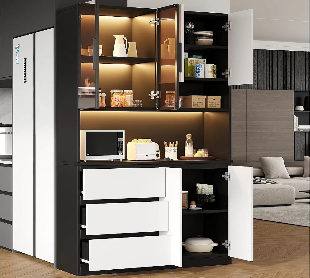 Bufet kuchenny 120.5x40x180cm - 6 drzwi + 3 szuflady - z oświetleniem LED - meble wysokie - Biały + Czarny