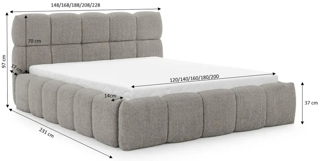 Szare nowoczesne łóżko boucle 5 rozmiarów T5-T54