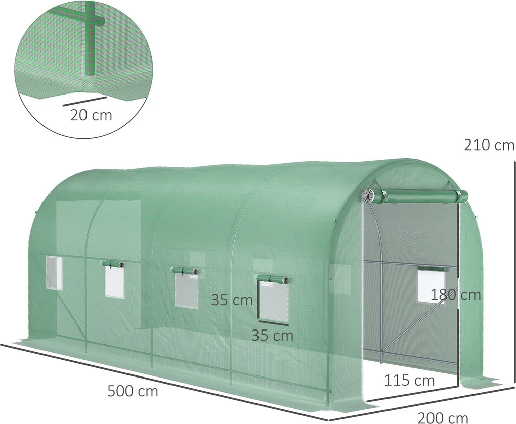 Szklarnia Outsunny 500x200x205cm, Tunel foliowy do pomidorów, Drzwi z moskitierą, Okna, Tunel foliowy ze stali ocynkowanej, Stabilny tunel do uprawy roślin, Szklarnia w komplecie z kotwami do ziemi i linami, Zielony