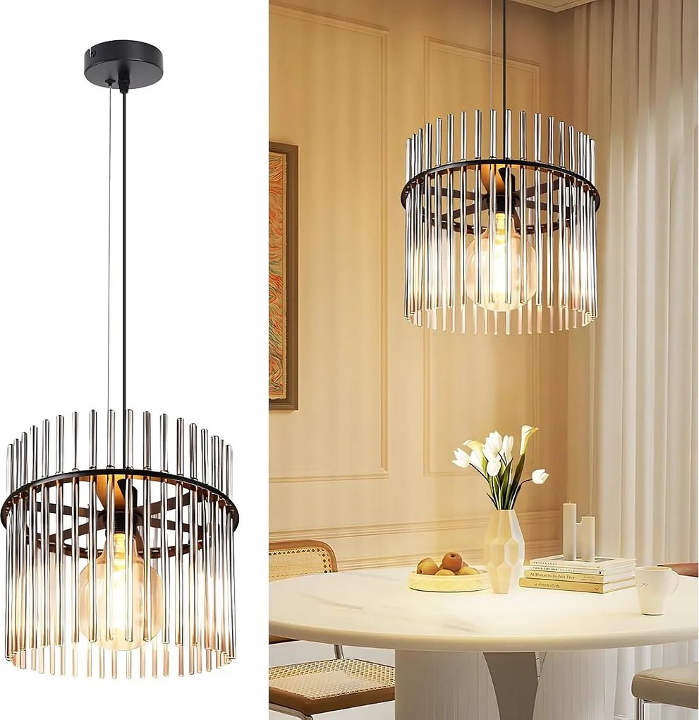 Lampa wisząca Nettlife Retro Black, szklana lampa z gniazdem E27, 1-punktowa, Ø 30 cm, do stołu jadalnego lub kuchni (żarówka nie jest dołączona).