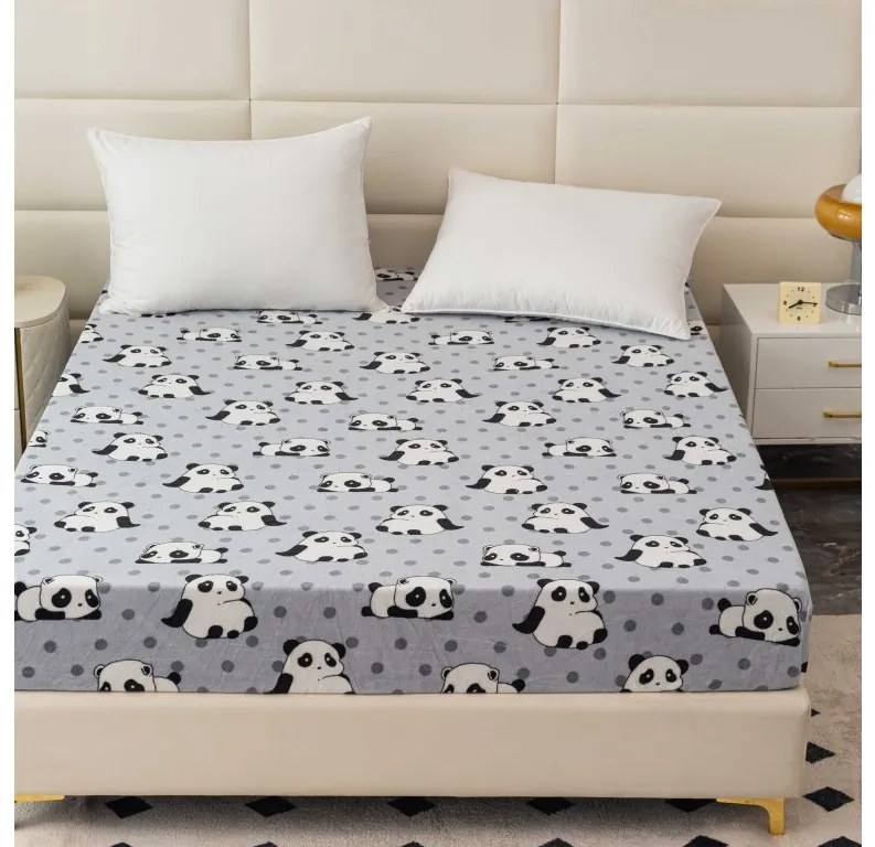 PrzytulneMieszkanie.pl Prześcieradło z mikropluszu PANDA 180x200 cm szare