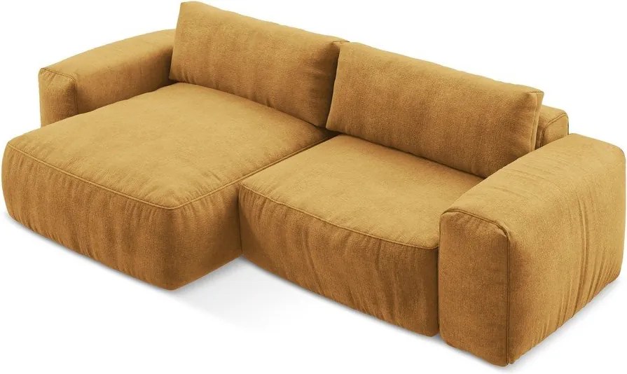 Musztardowy rozkładany narożnik z tkaniny szenilowej (lewostronny/z szezlongiem) Kuki – Makamii