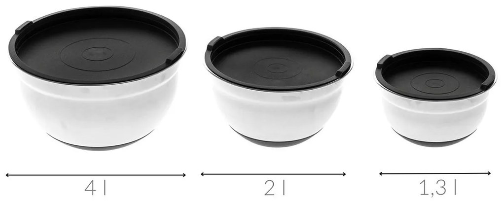 Zestaw metalowych misek z przykrywkami, 4 l, 2 l i 1,3 l