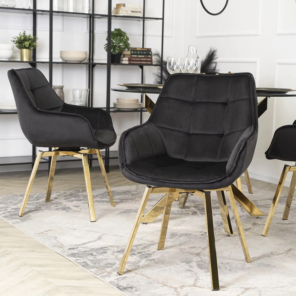 Krzesło Tapicerowane Obrotowe do Salonu MIA Czarne Welurowe Nowoczesne Glamour