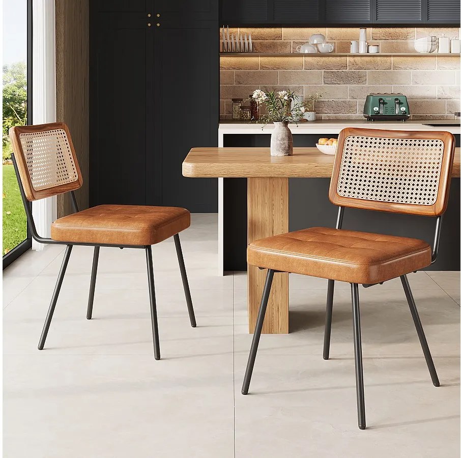 Krzesło do jadalni Lot de 2 z rattanowym oparciem i czarnymi metalowymi nogami – brązowy poliuretan