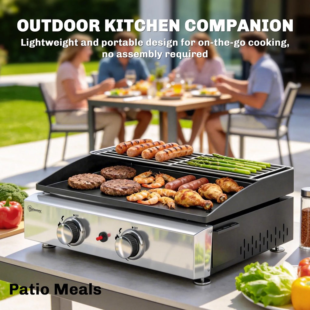 Outsunny Grill gazowy 5 kW przenośny stołowy z 2 palnikami, ceramiczną powłoką i rusztem podgrzewającym | Aosom PL
