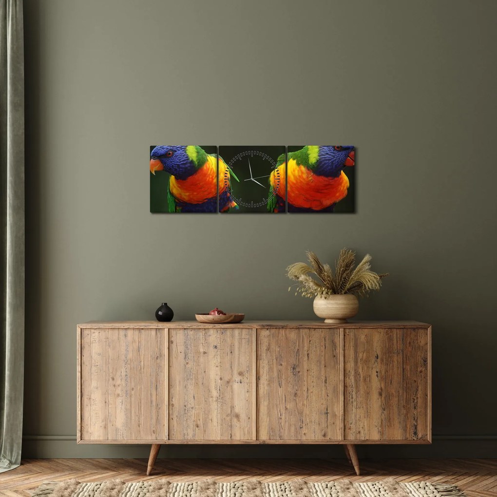 Obraz papug (z zegarem) (90x30 cm)