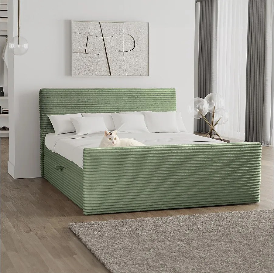 Łóżko kontynentalne z pojemnikiem i topperem TRENTO, pluszowy sztruks VELO, 120x200 cm, Oliwkowy, H3-Bonell