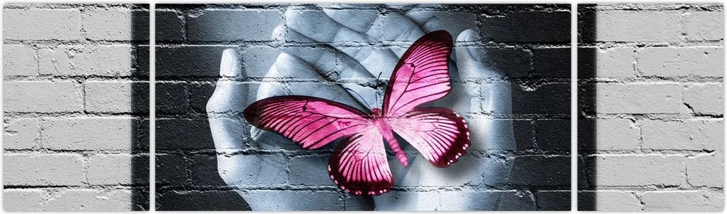 Obraz - Różowy motyl w ścianie (170x50 cm)