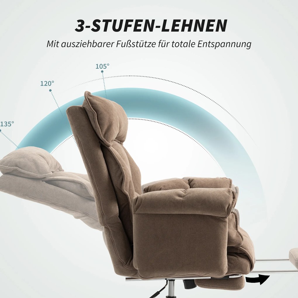 HOMCOM Ergonomiczny fotel biurowy, regulowane oparcie, podnóżek, miękki materiał, Jasnobrązowy