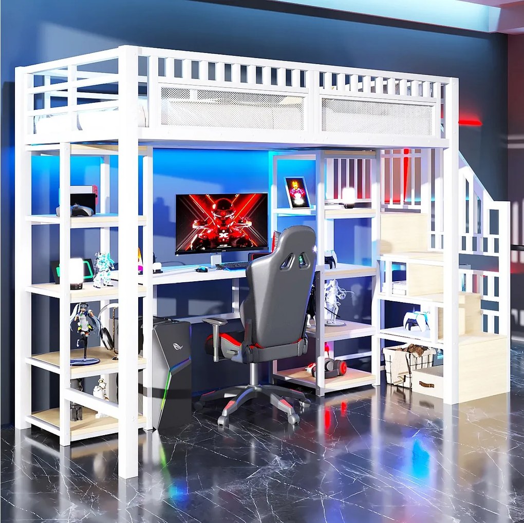 Łóżko piętrowe dla dzieci - 90 x 200 cm - rama żeliwna - z biurkiem + diody LED + port USB + półka + drabinka - metalowe - białe