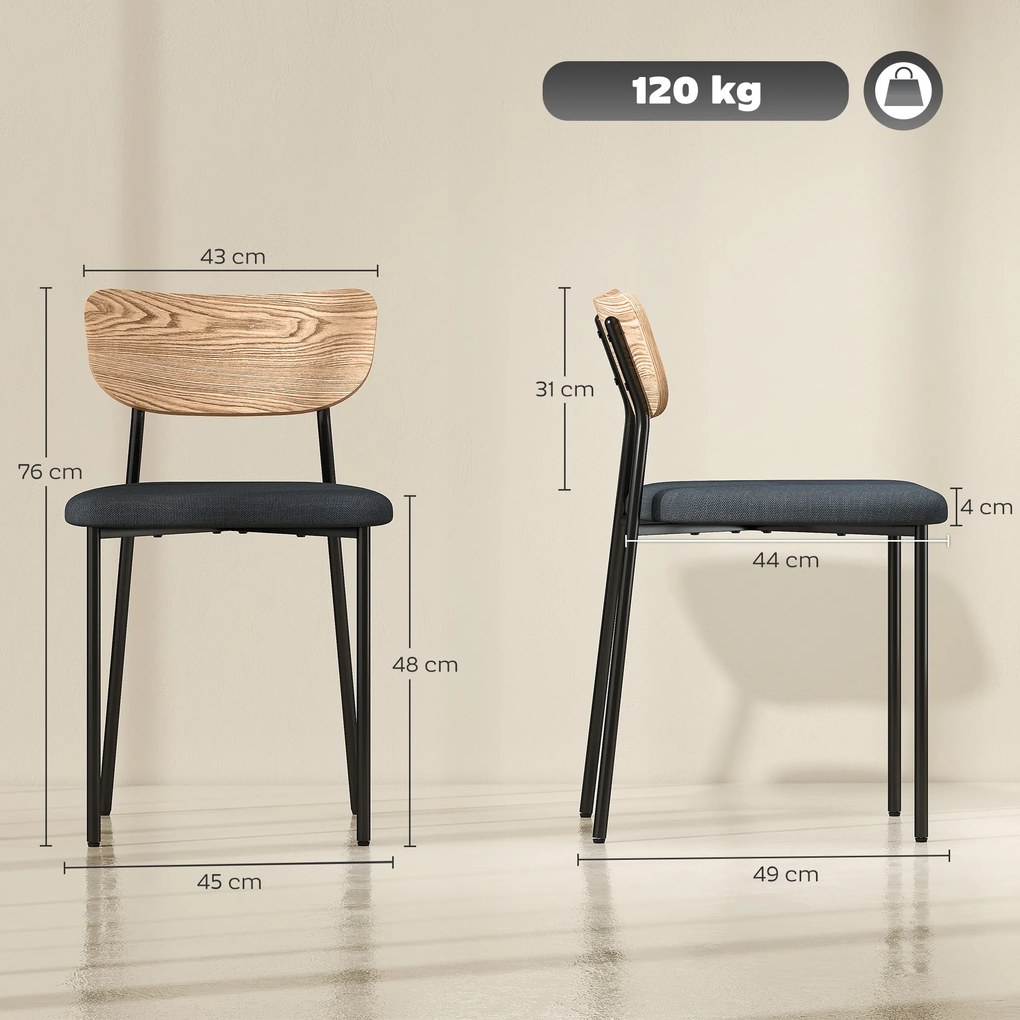 HOMCOM Zestaw 2 krzeseł do jadalni, Wygląd lnu, Design bez podłokietników, Metalowe nogi, Szare