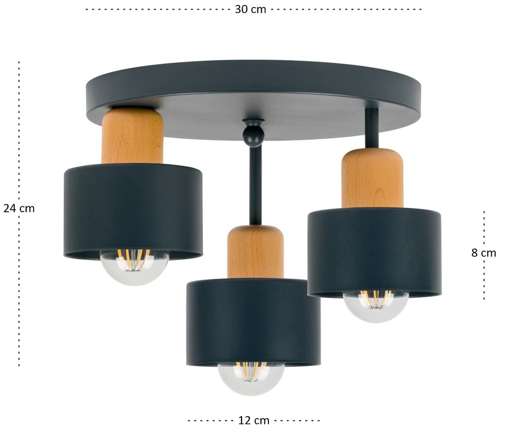Antracytowa lampa sufitowa, trzypunktowy spot DBU3030AN z drewna i met