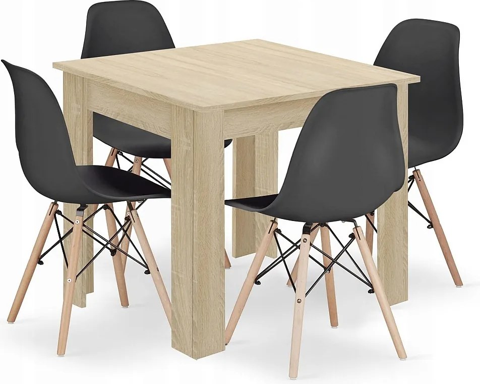 Valora ZESTAW KWADRATOWYCH STOŁÓW 80X80 Dąb Sonoma + 4 Krzesła OSAKA Czarne
