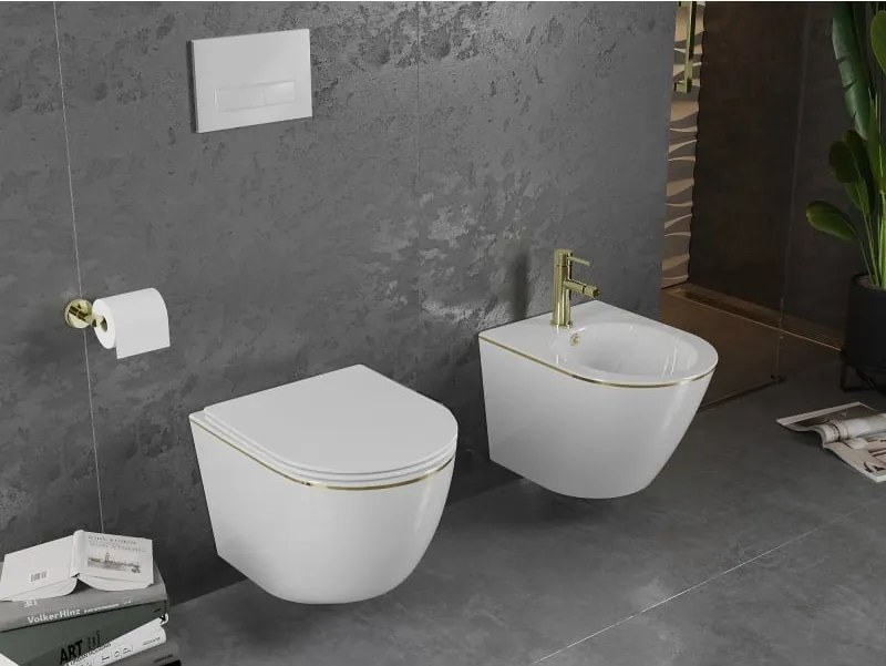 Mexen Lena miska wc Rimless z deską wolnoopadającą slim, duroplast, biała/złota linia - 30224005
