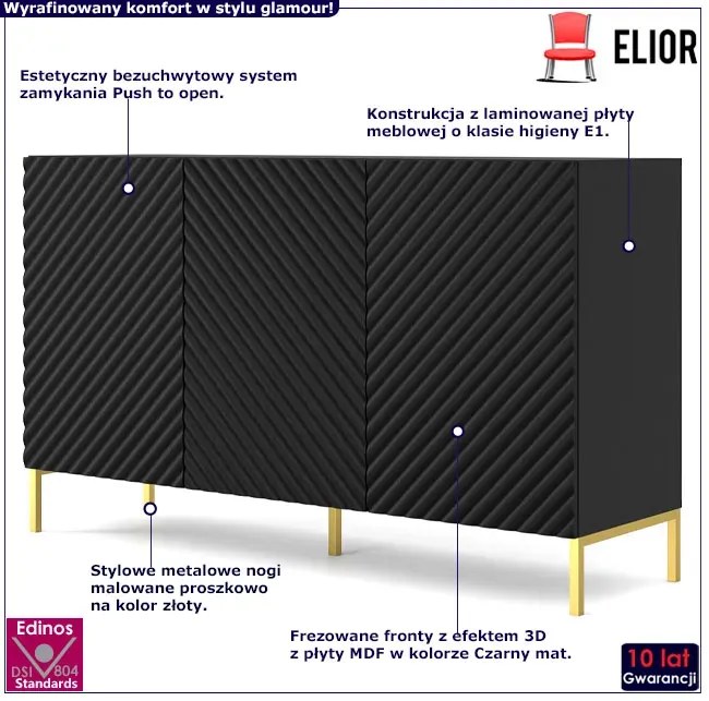 Komoda glamour 150 cm czarny mat + złote nóżki - Resa 3X