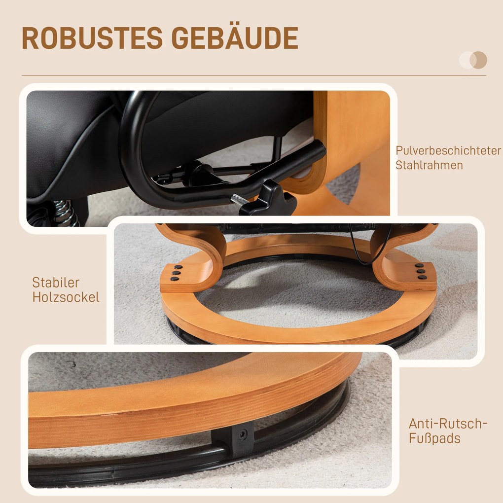 HOMCOM Fotel Relaksacyjny Obrotowy z Funkcją Leżenia, do 150 kg, Skóra Ekologiczna, Ramka ze Stali, Czarny