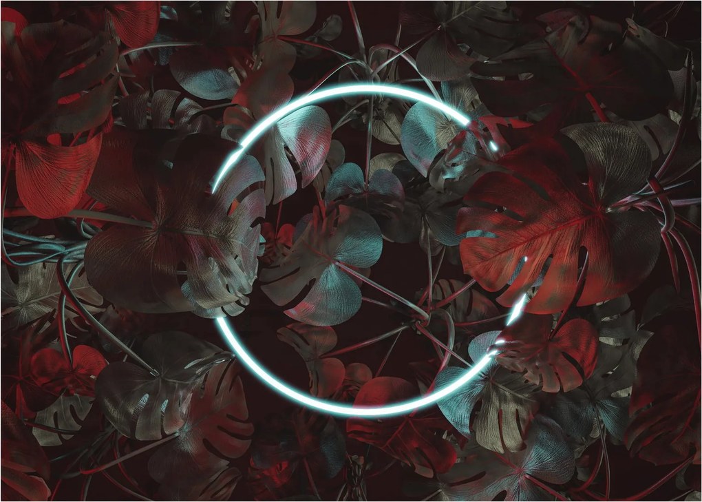Obraz na szkle - Neonowe koło między palmami (70x50 cm)
