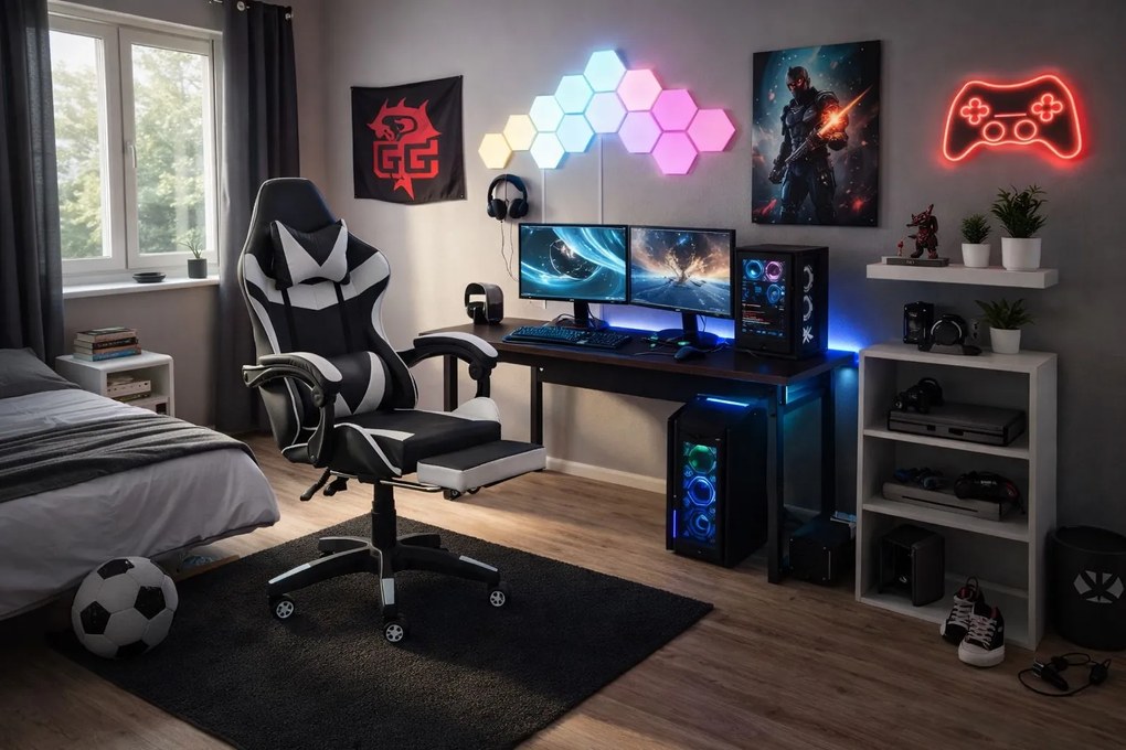 Fotel gamingowy z podnóżkiem Raxor, kolor czarno-biały