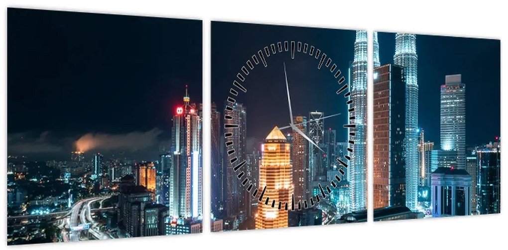 Obraz - Noc w Kuala Lumpur (z zegarem) (90x30 cm)