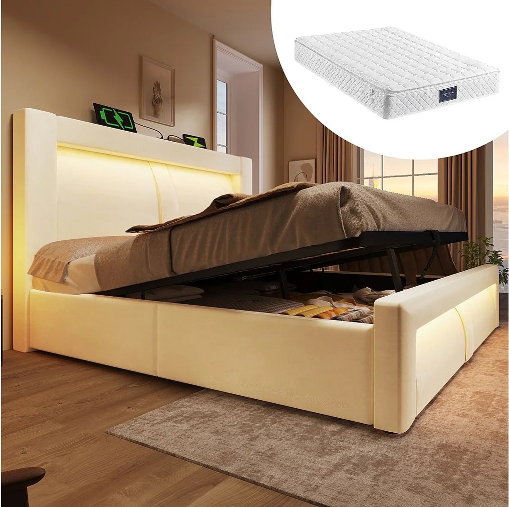 Łóżko podwójne ze schowkiem - 160 x 200 cm - z hydraulicznym stelażem + LED-y + USB + zaokrąglony zagłówek - aksamitne - beżowe (z materacem)
