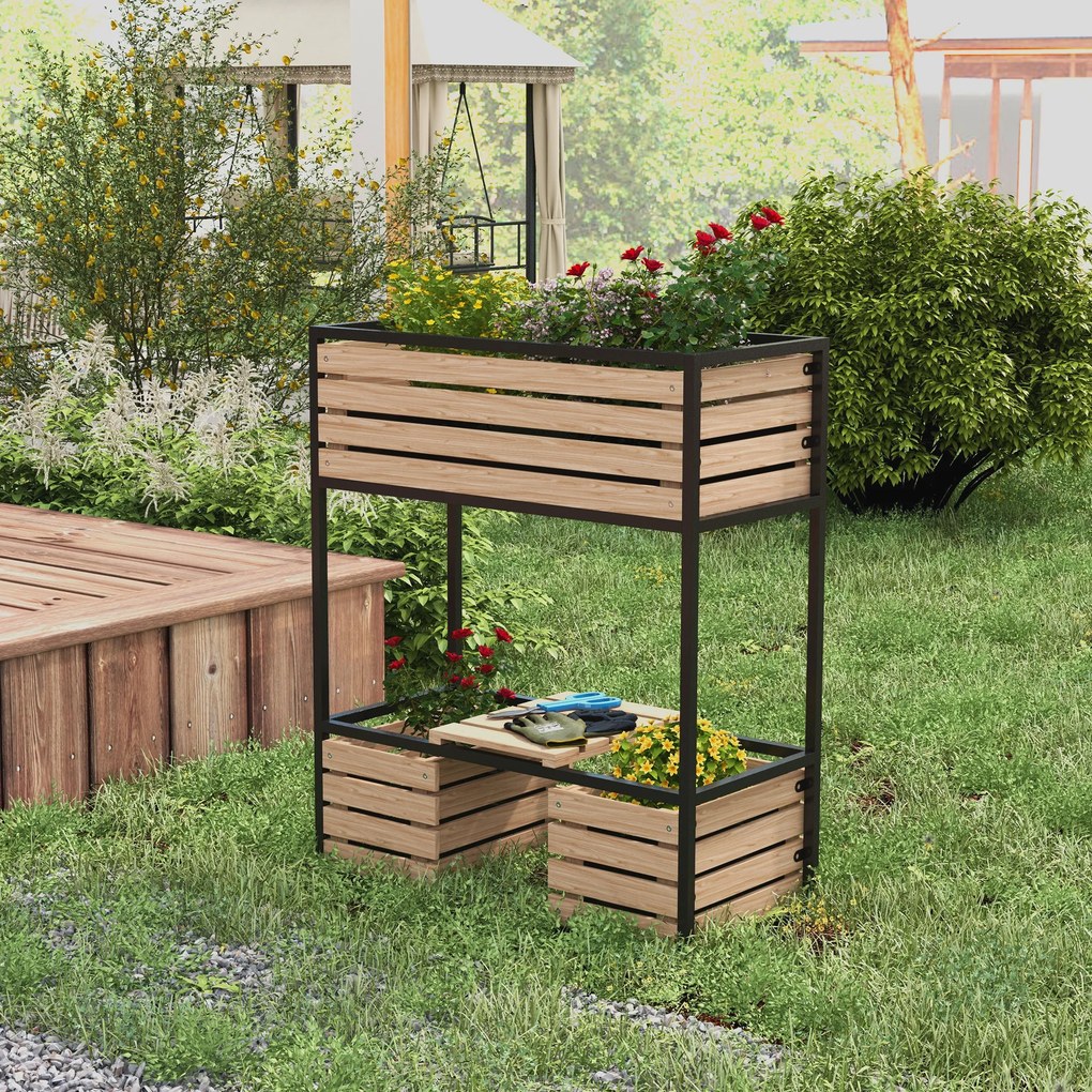 Outsunny Skrzynka na Kwiaty Podwyższony Grząd, Odporny na Warunki Atmosferyczne, 3 Skrzynki do Sadzenia, 83 cm x 39 cm x 100 cm, Naturalny + Czarny