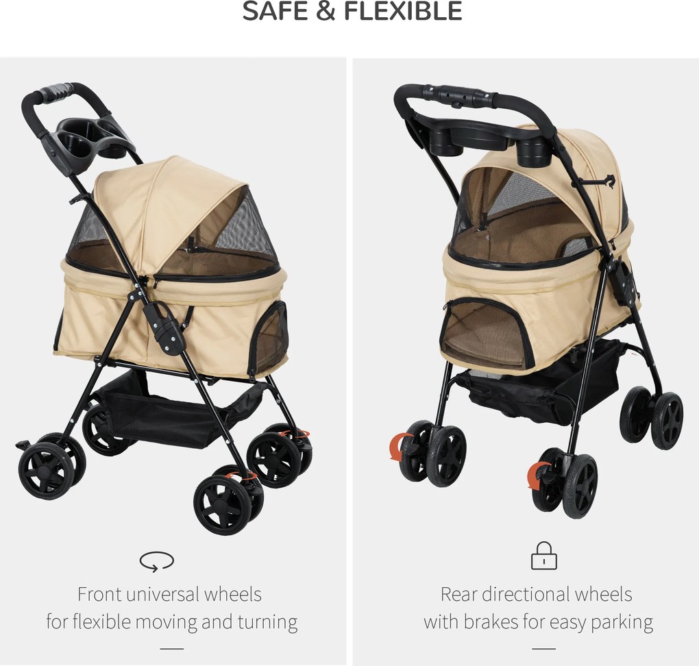 Outsunny Wózek dla psa składany z 2 pasami bezpieczeństwa do 20 kg khaki | Aosom PL
