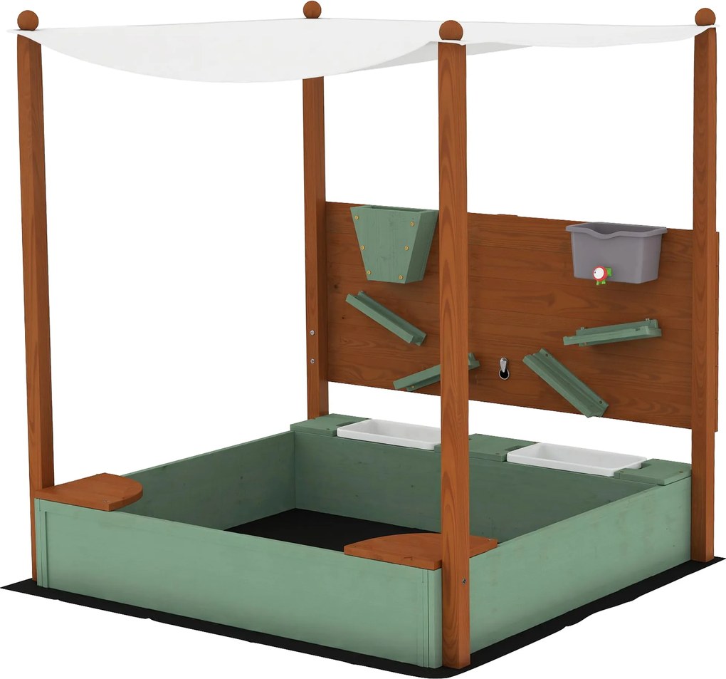 AIYAPLAY Piaskownica dla dzieci z daszkiem przeciwsłonecznym, 2 pojemnikami na zabawki, 116Dł x 112,5S x 128W cm, Drewno świerkowe, Plastik, Zielona