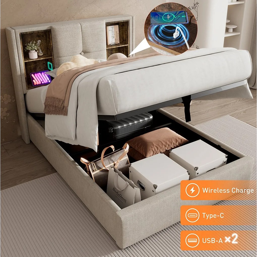 Łóżko z pojemnikiem 90 x 200 cm i zagłówkiem ze schowkiem - Gniazda USB i typu C - Tkanina lniana - Kolor naturalny