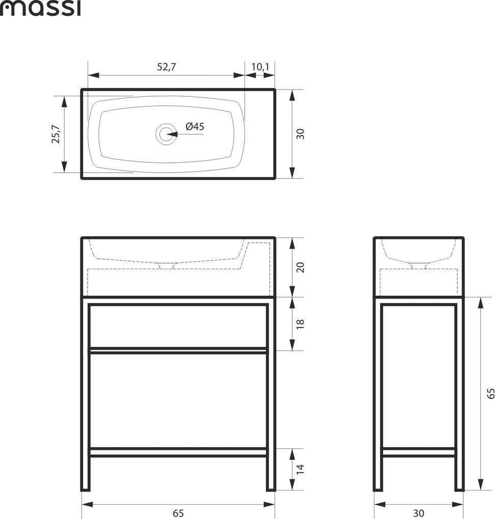 Zestaw umywalka betonowa prostokątna bez otworu na baterię 65 x 30 cm z półką ZALM i konsola