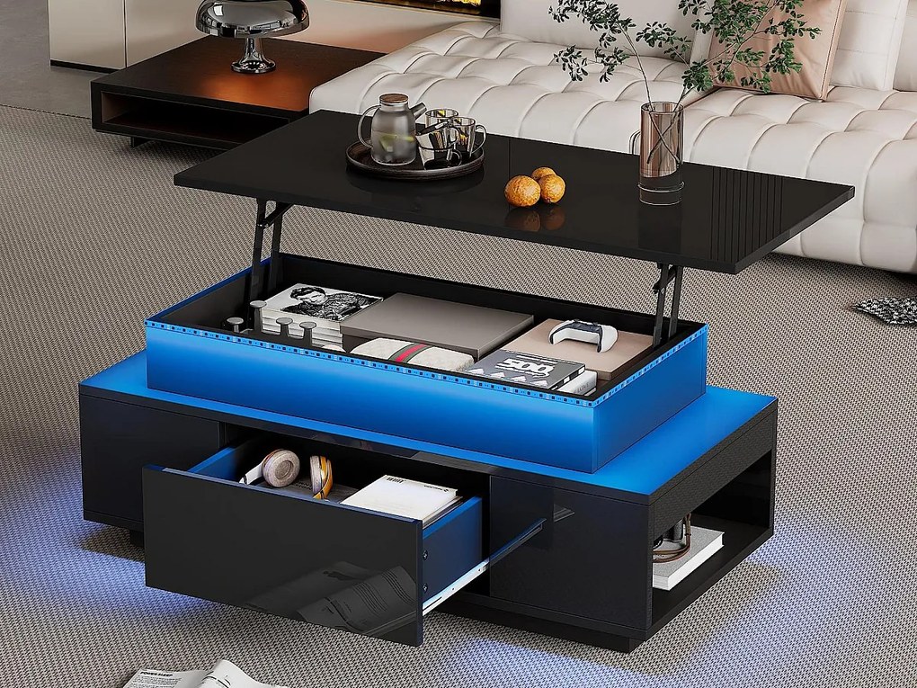 Stół kawowy regulowany na wysokość 96x45x40cm - z ukrytym schowkiem - z 1 szufladą - z oświetleniem LED - czarny