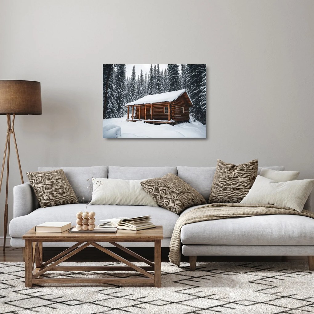 Obraz na szkle - Pokryta śniegiem chata (70x50 cm)