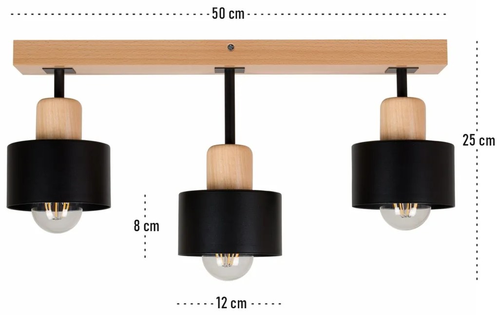 Czarna lampa sufitowa, trzypunktowy spot DSC50x7BU z drewna i metalu E