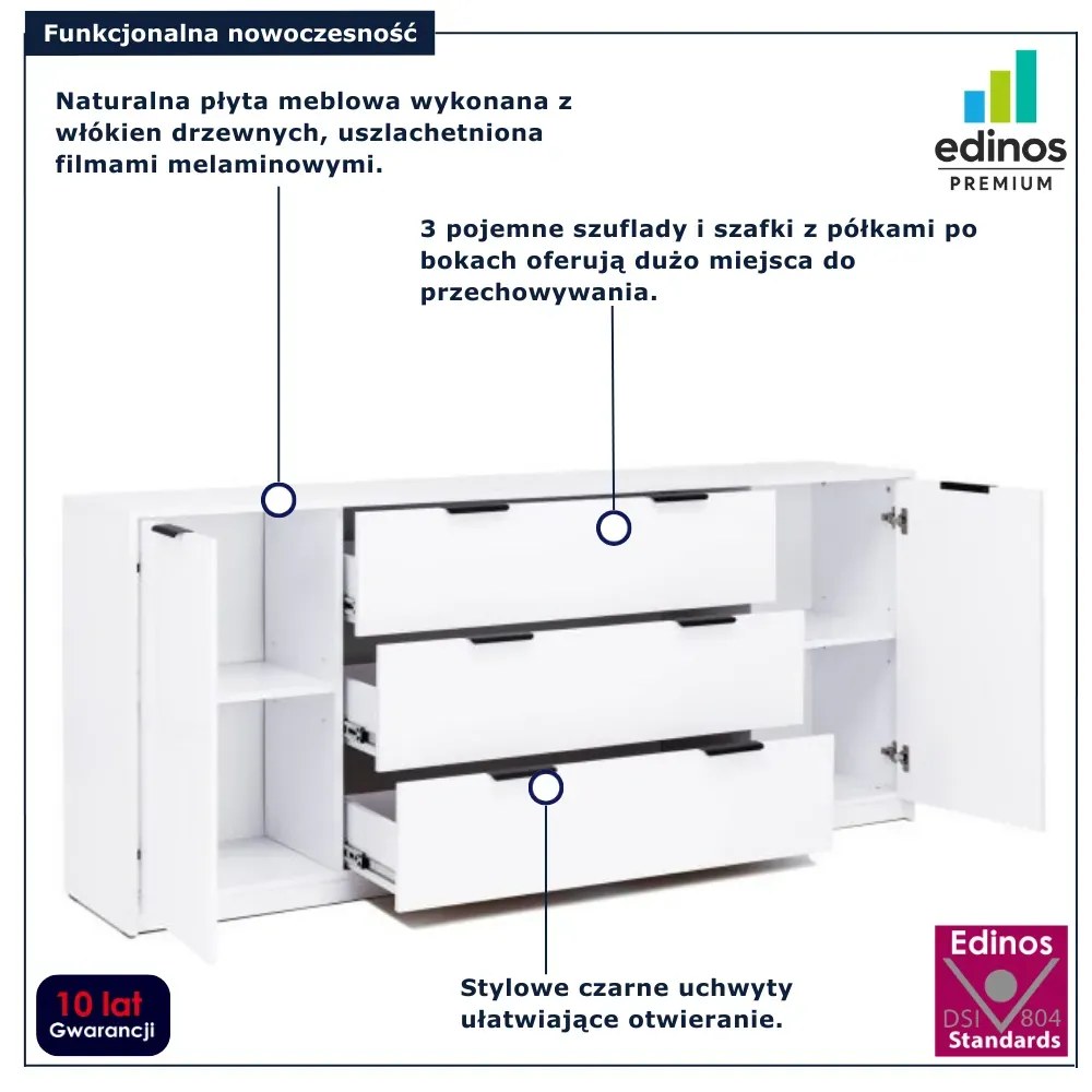 Długa biała komoda z szufladami połysk E9-G23