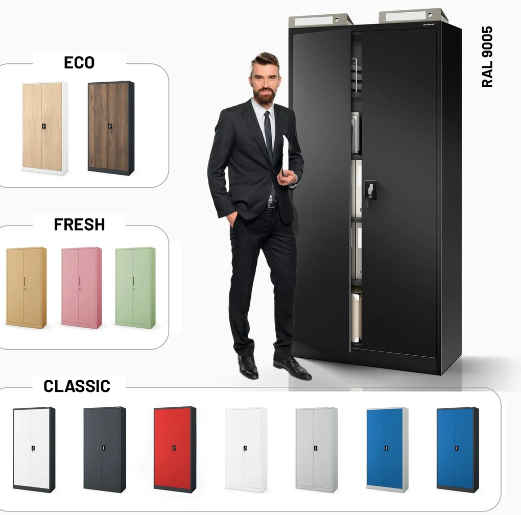 Szafa biurowa na dokumenty czarna: JAN, 900 x 1850 x 400 mm