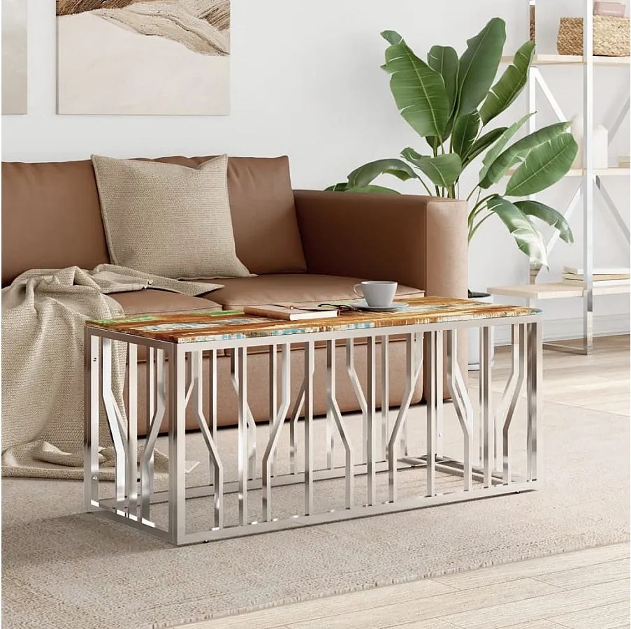 Stolik Kawowy ze Stali Nierdzewnej/Drewna Odzyskanego w Kolorze Srebrnym Nowoczesny 110x45x45 cm