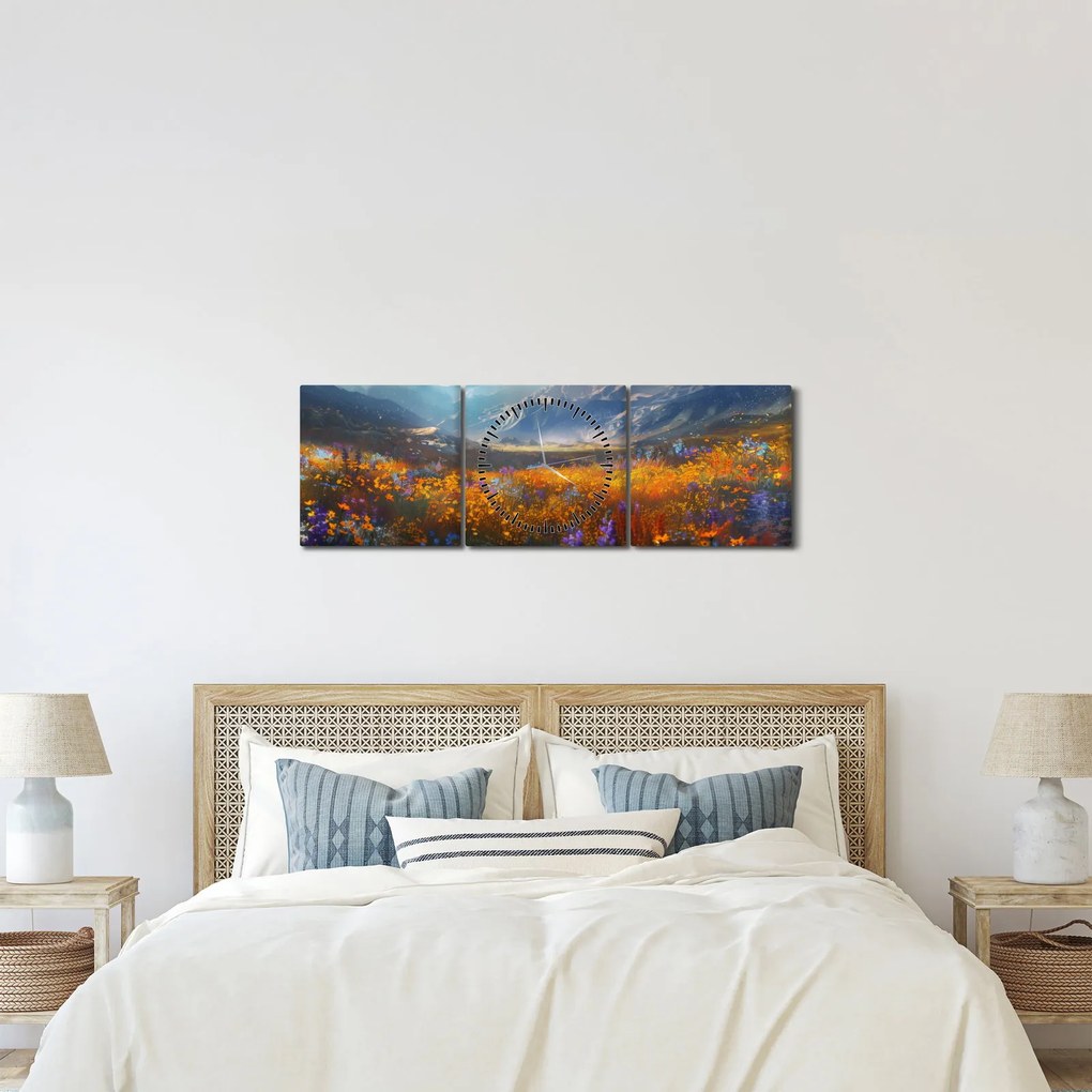 Obraz - Malowany górski krajobraz II. (z zegarem) (90x30 cm)