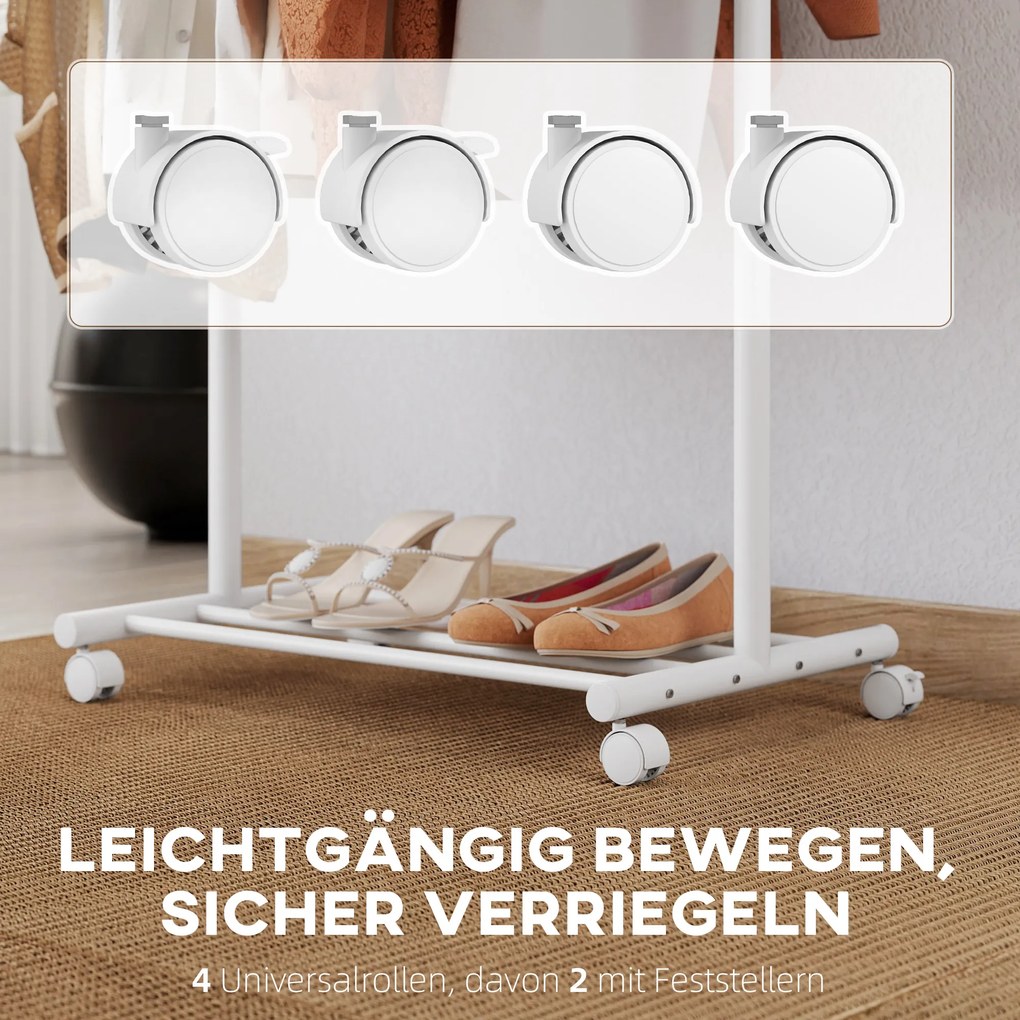 HOMCOM Stojak na ubrania z kółkami, mobilny wieszak z drążkiem, 5 haczyków, półka na buty, biały