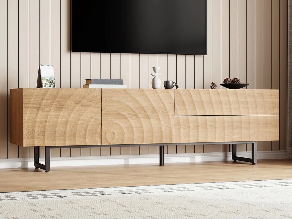 Nowoczesne meble TV 180x38x51,5 cm - 2 drzwi i 2 szuflady - Wykończenie w zmarszczone usłojenie drewna - Płyta wiórowa - Naturalny