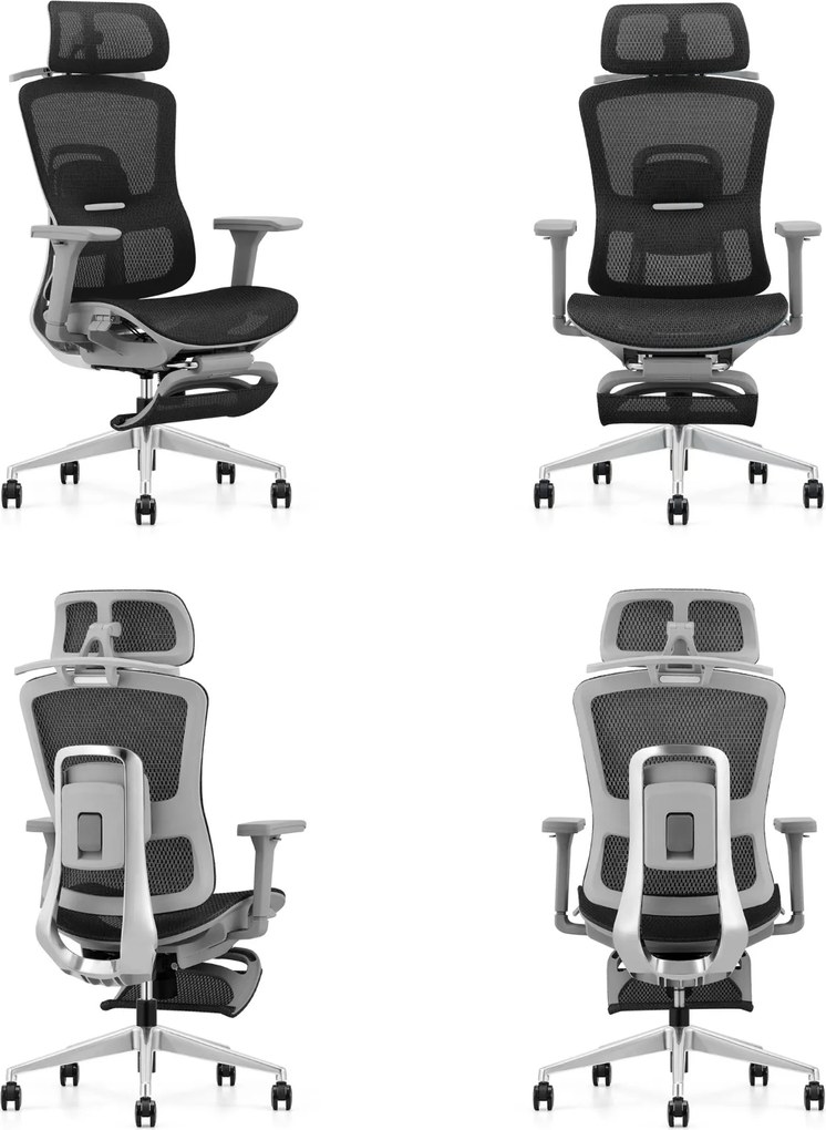 Ergonomiczny fotel biurowy Homer z podnóżkiem i wieszakiem, zgodny z normą BHP