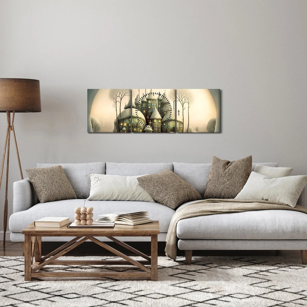 Obraz - Bajkowe domki (z zegarem) (90x30 cm)