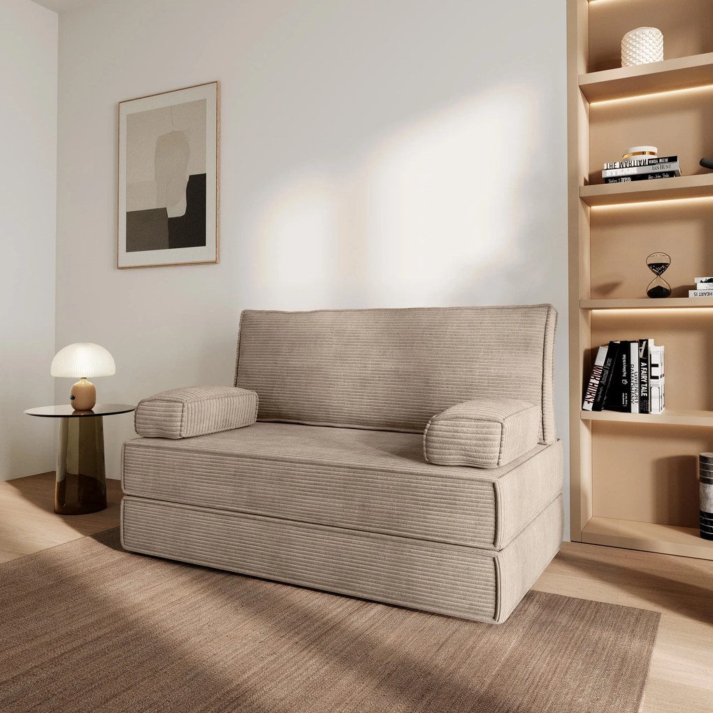 Masseno Sofa piankowa LADIA z funkcją spania, Kanapa z pianki do salonu, Bezmontażowa, Tkanina sztruksowa – Beżowy POSO 02