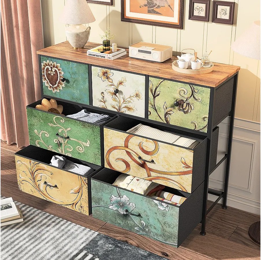 Komoda materiałowa z 7 szufladami, 100 x 30 x 78 cm – wzór retro