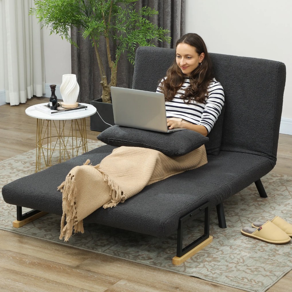 HOMCOM Sofa rozkładana 2-osobowa z funkcją spania, w zestawie 2 poduszki, wygląd Sherpa, naturalny + ciemnoszary + czarny | Aosom PL