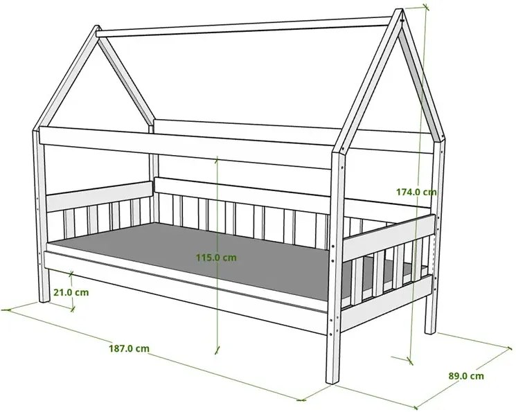 Drewniane łóżko domek z barierkami, sosna - Dada 3X 180x80 cm