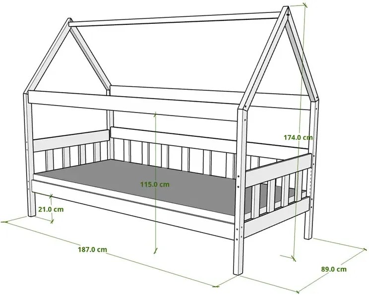Drewniane łóżko domek z barierkami, sosna H5-E64